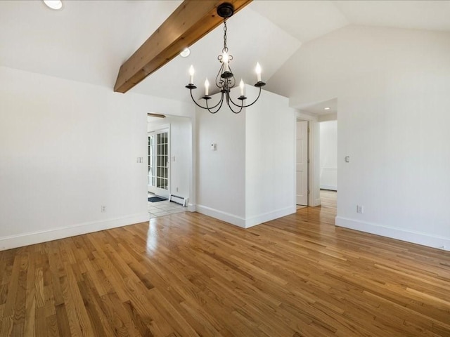 unfurnished dining area with an inviting chandelier, light wood-style floors, lofted ceiling with beams, and baseboards
