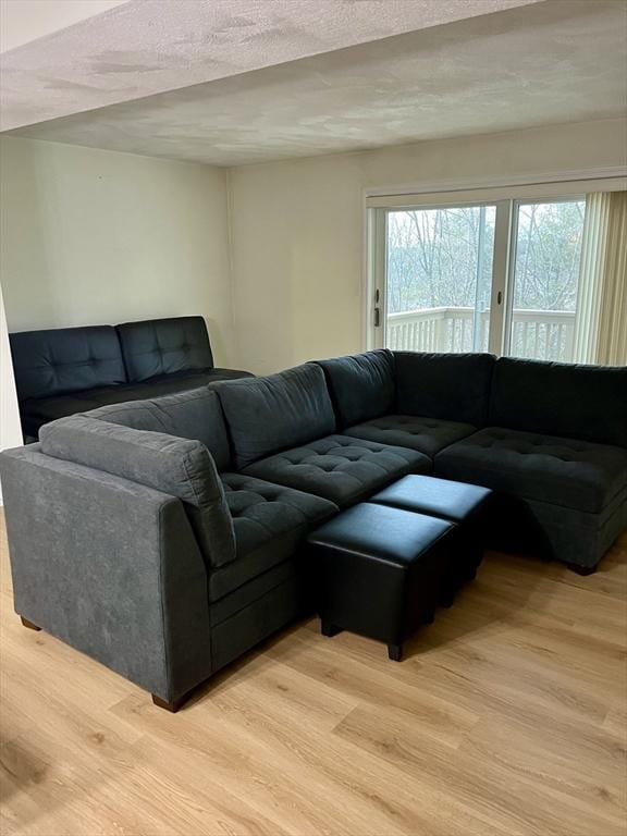 living area with a textured ceiling and light wood-type flooring