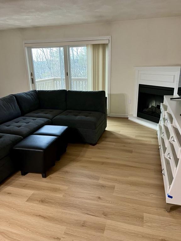 living room featuring a fireplace with raised hearth and light wood-style floors