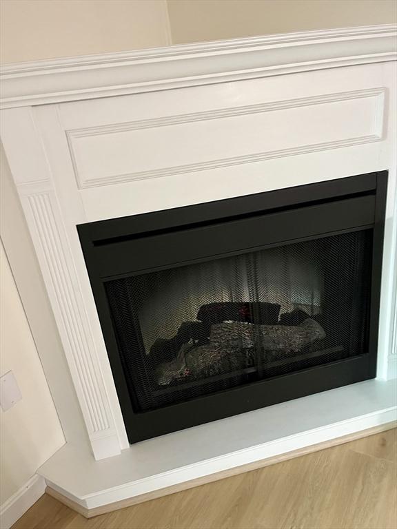 details featuring a fireplace and wood finished floors