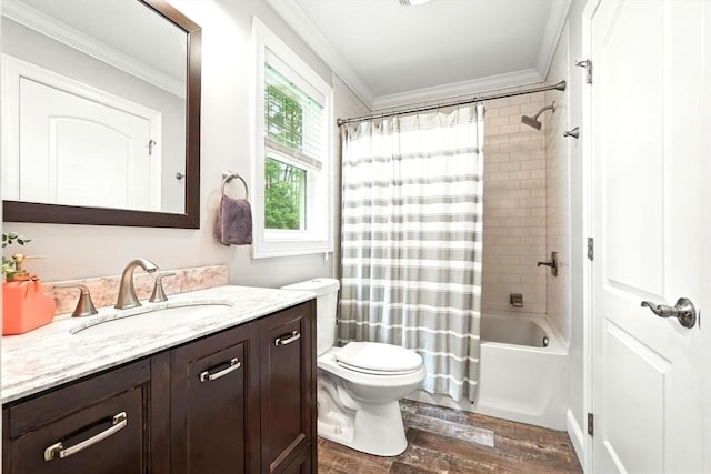 21 Carla Ln, Wilbraham, MA 01095 - bathroom with ornamental molding, vanity, wood finished floors, and shower / bathtub combination with curtain