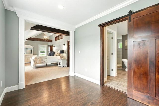 21 Carla Ln, Wilbraham, MA 01095 - bedroom with dark wood-type flooring, crown molding, a chandelier, recessed lighting, and a barn door