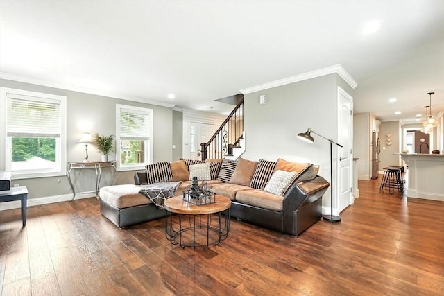 21 Carla Ln, Wilbraham, MA 01095 - living room with crown molding, stairs, wood finished floors, and recessed lighting