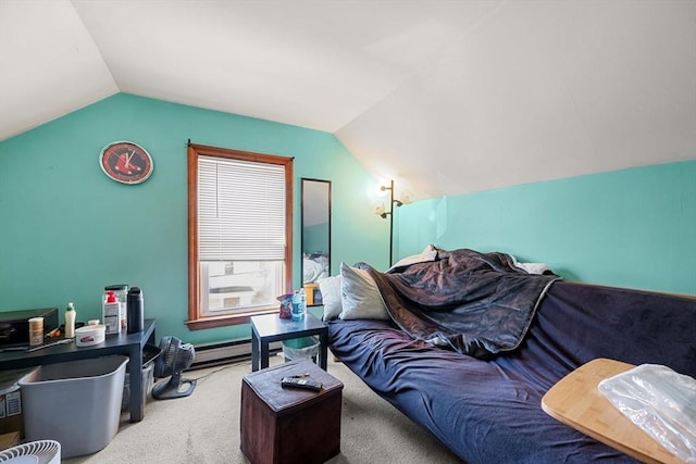 carpeted living area with vaulted ceiling