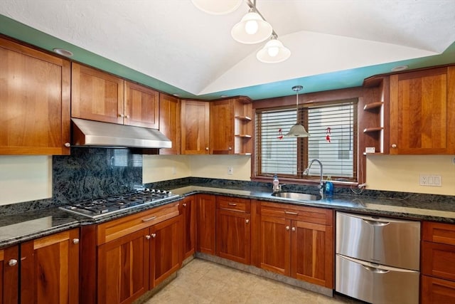 kitchen with under cabinet range hood, a sink, stainless steel appliances, and open shelves