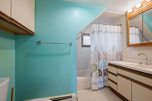 full bath with vanity, a baseboard radiator, tile patterned flooring, toilet, and backsplash