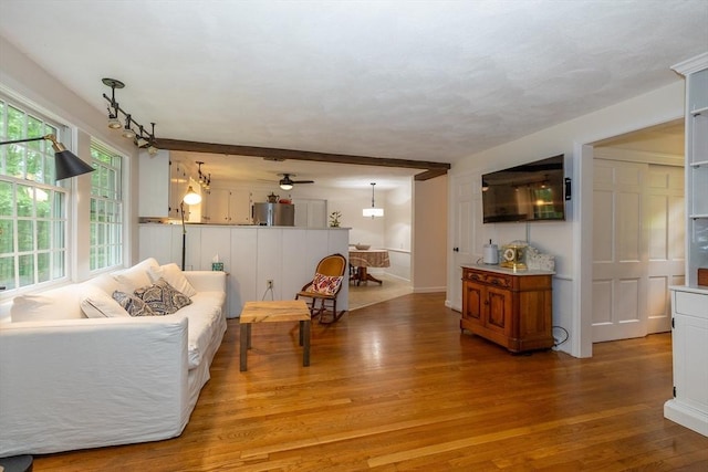 9 Horseshoe Rd, Chelmsford, MA 01824 - living room with light wood-style flooring, ceiling fan, and beamed ceiling