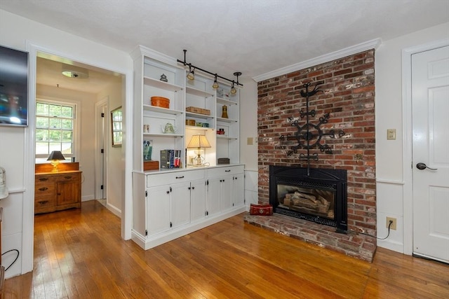 9 Horseshoe Rd, Chelmsford, MA 01824 - living area with wood-type flooring, a brick fireplace, and built in shelves