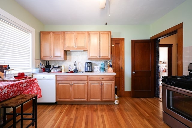 kitchen featuring dishwasher, light wood-type flooring, stainless steel gas range, and sink