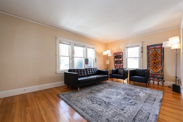 living room with hardwood / wood-style flooring and ornamental molding