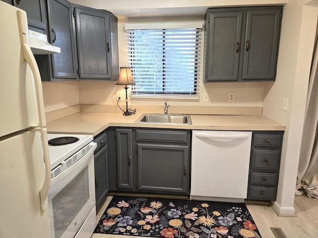 kitchen featuring sink, white appliances, and light hardwood / wood-style flooring