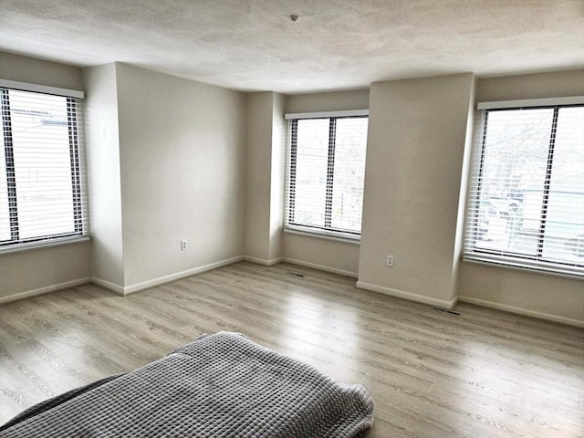 unfurnished room featuring plenty of natural light, light hardwood / wood-style floors, and a textured ceiling