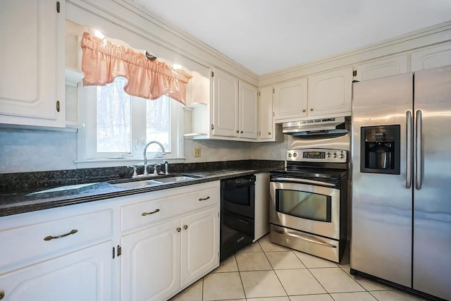 kitchen featuring light tile patterned floors, a sink, stainless steel appliances, white cabinets, and under cabinet range hood