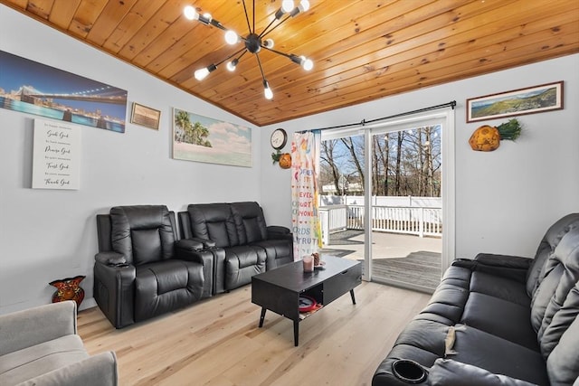 living area featuring wooden ceiling, light wood-type flooring, and lofted ceiling