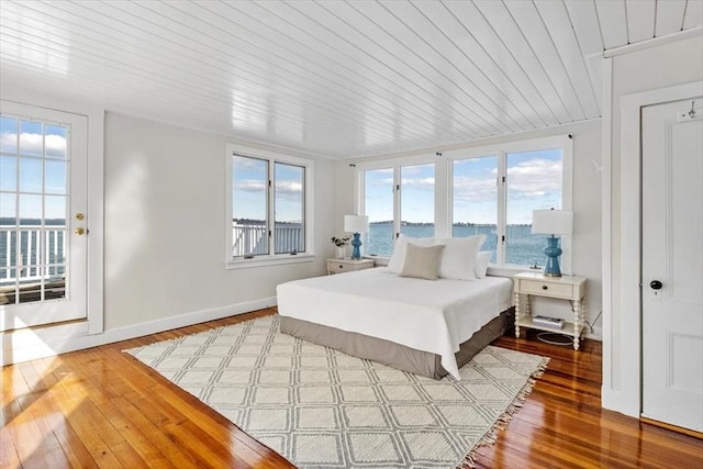 bedroom featuring baseboards, wood-type flooring, wooden ceiling, and a water view