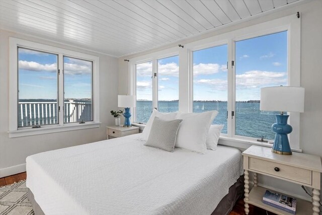 bedroom with wooden ceiling, wood finished floors, baseboards, and a water view