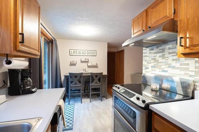 kitchen with light hardwood / wood-style flooring, sink, stainless steel range with electric cooktop, and tasteful backsplash