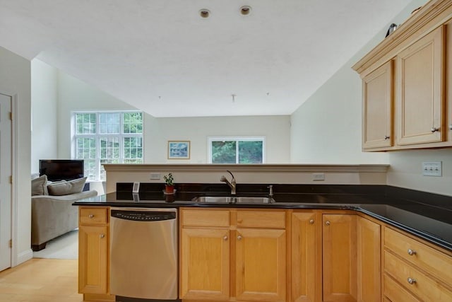 kitchen with stainless steel dishwasher, sink, light brown cabinetry, and light wood-type flooring