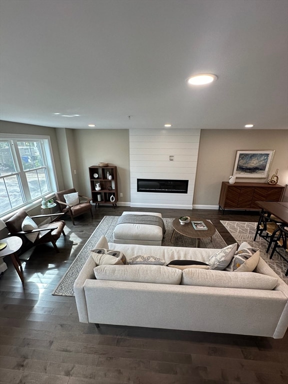 living room featuring dark wood-type flooring and a large fireplace