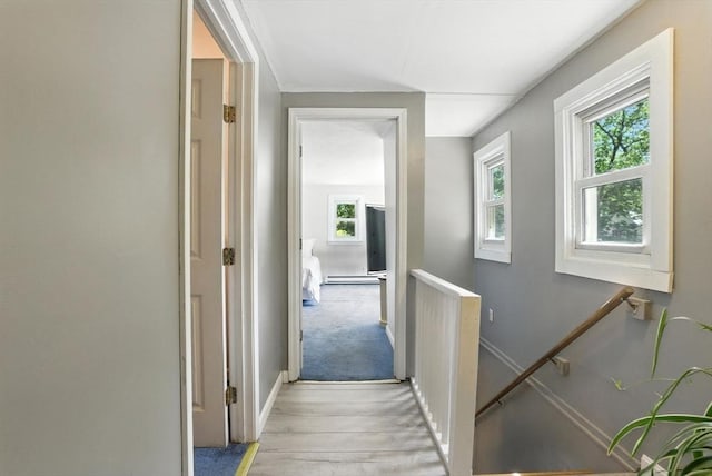 6 Hillcrest Dr, Hopkinton, MA 01748 - hallway with an upstairs landing, light wood-style flooring, and a baseboard heating unit