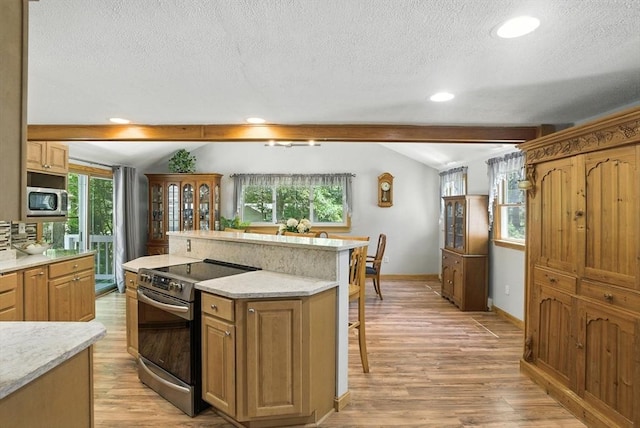 6 Hillcrest Dr, Hopkinton, MA 01748 - kitchen featuring stainless steel appliances, lofted ceiling, light wood-style floors, a textured ceiling, and light countertops
