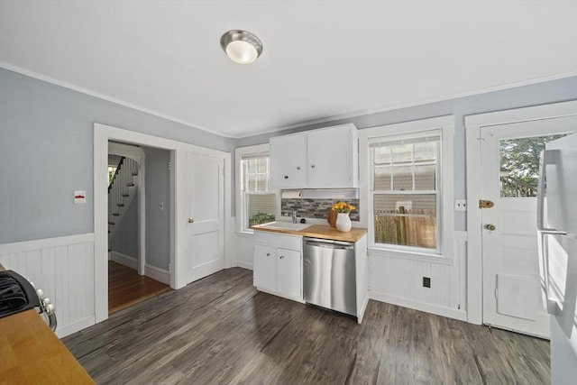 40 S Crescent Circuit, Boston, MA 02135 - kitchen with stainless steel appliances, a sink, white cabinets, wainscoting, and dark wood-style flooring