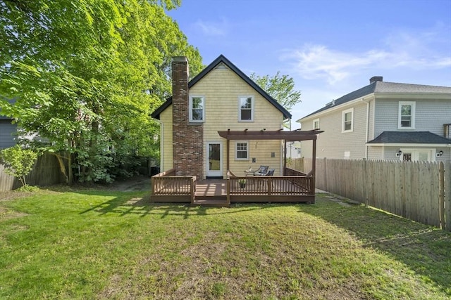 40 S Crescent Circuit, Boston, MA 02135 - back of property with a chimney, a wooden deck, and a pergola
