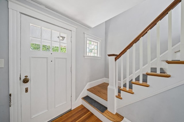 40 S Crescent Circuit, Boston, MA 02135 - entrance foyer with stairway, dark wood finished floors, and baseboards