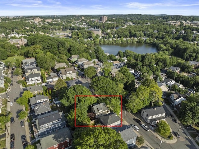 40 S Crescent Circuit, Boston, MA 02135 - aerial perspective of suburban area featuring a nearby body of water and property parcel outlined