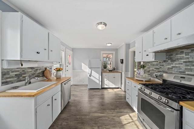 40 S Crescent Circuit, Boston, MA 02135 - kitchen with stainless steel appliances, a sink, under cabinet range hood, backsplash, and white cabinets