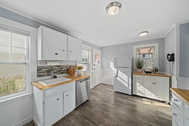 40 S Crescent Circuit, Boston, MA 02135 - kitchen featuring freestanding refrigerator, dishwasher, wood counters, a sink, and plenty of natural light