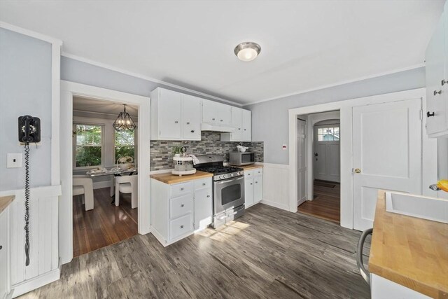 40 S Crescent Circuit, Boston, MA 02135 - kitchen featuring appliances with stainless steel finishes, wooden counters, dark wood finished floors, backsplash, and white cabinets