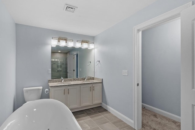 full bathroom with vanity, toilet, and plus walk in shower