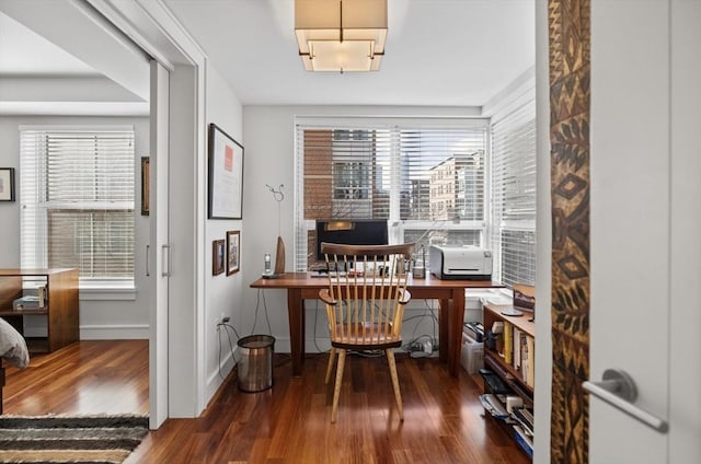 office area with dark hardwood / wood-style floors