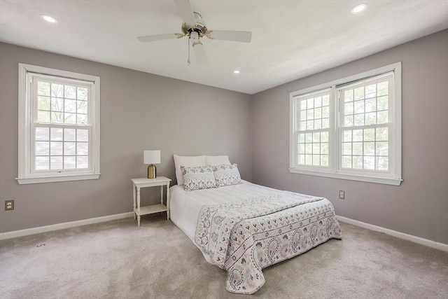 bedroom with baseboards, carpet flooring, recessed lighting, and ceiling fan