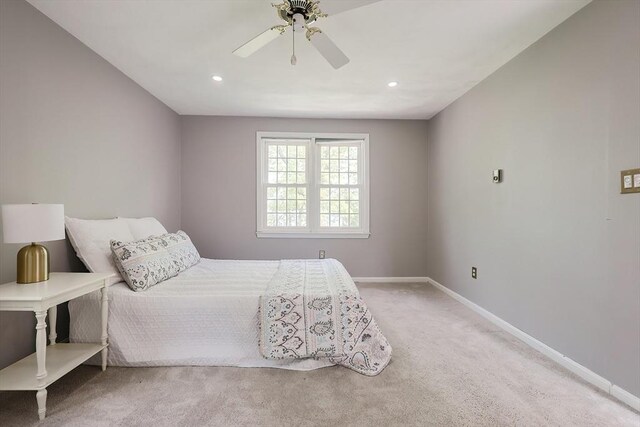 bedroom with carpet floors, baseboards, recessed lighting, and a ceiling fan