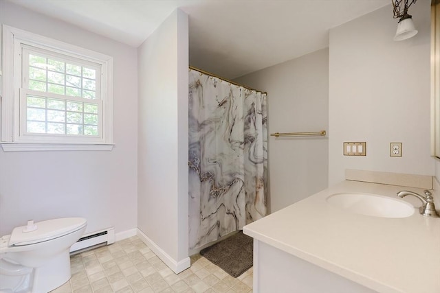 bathroom featuring a baseboard radiator, toilet, a shower with curtain, baseboards, and vanity