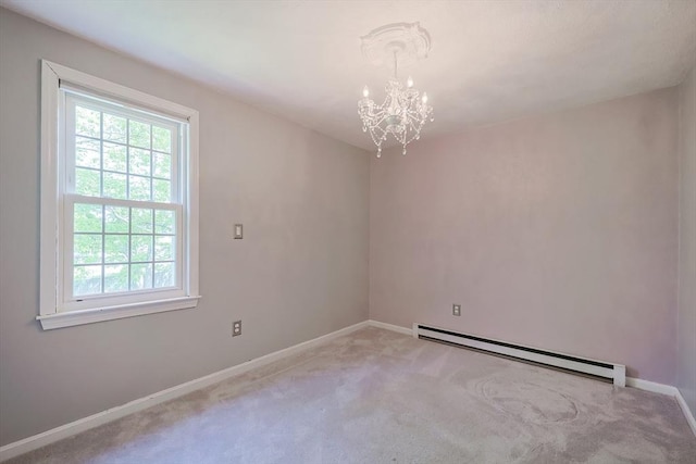 unfurnished room with baseboard heating, a chandelier, light colored carpet, and baseboards