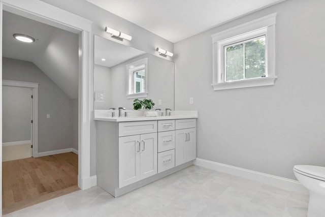 73 Knoll St Unit 73, Boston, MA 02131 - full bathroom featuring double vanity, healthy amount of natural light, and vaulted ceiling