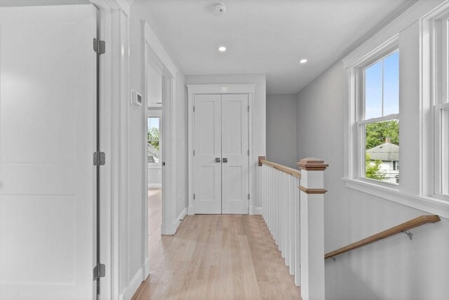 73 Knoll St Unit 73, Boston, MA 02131 - hall featuring an upstairs landing, light wood-style flooring, and recessed lighting