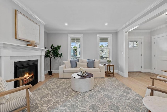 73 Knoll St Unit 73, Boston, MA 02131 - living room featuring wood finished floors, plenty of natural light, a glass covered fireplace, recessed lighting, and crown molding