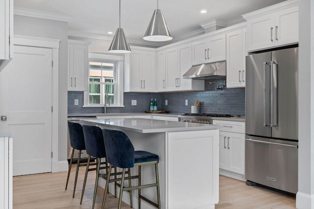 73 Knoll St Unit 73, Boston, MA 02131 - kitchen featuring stainless steel appliances, under cabinet range hood, ornamental molding, white cabinets, and light wood-type flooring