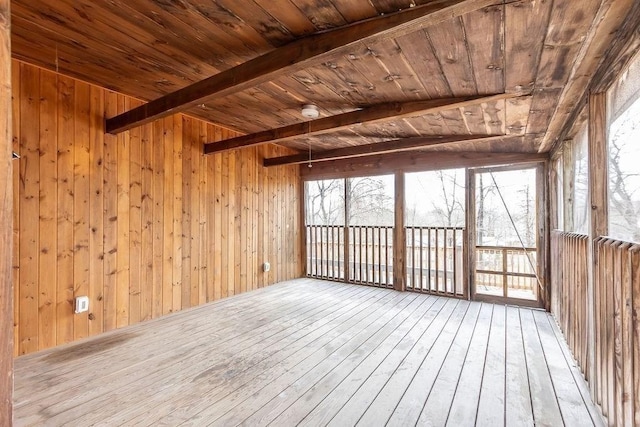 unfurnished room featuring beamed ceiling, wood-type flooring, and wooden walls