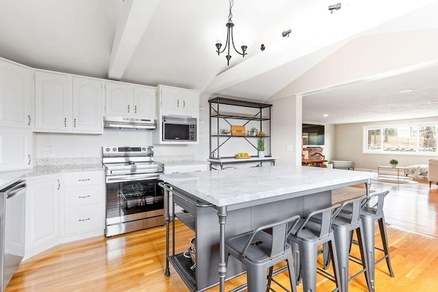 kitchen featuring light wood-style floors, open floor plan, under cabinet range hood, and stainless steel appliances