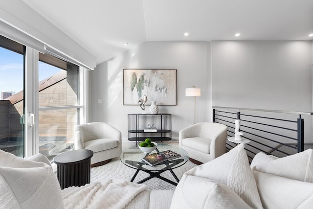 living room featuring lofted ceiling