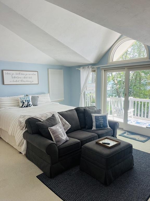 233 Hoopdole Rd, Mashpee, MA 02649 - bedroom with vaulted ceiling, access to outside, multiple windows, and carpet