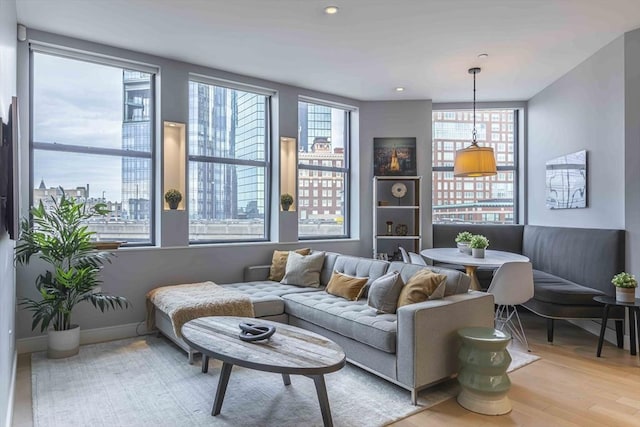 living area featuring wood finished floors and baseboards