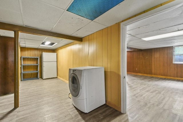 35 Woodland Rd, Leominster, MA 01453 - washroom with washer / clothes dryer, wood finished floors, and wooden walls