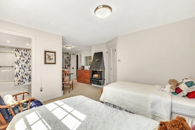 bedroom with light colored carpet