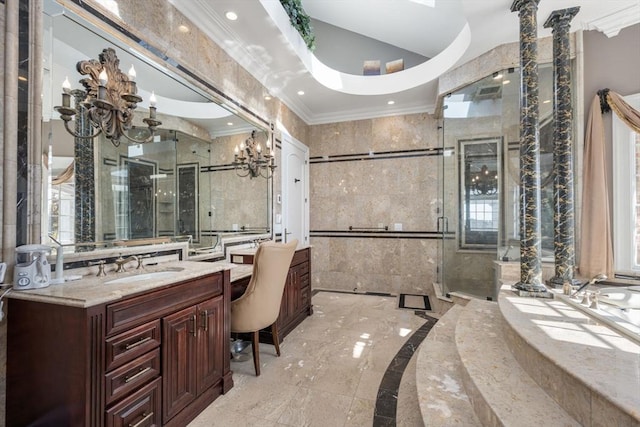 150 Horseneck Rd, Dartmouth, MA 02748 - bathroom featuring ornamental molding, a chandelier, vanity, tile walls, and a stall shower